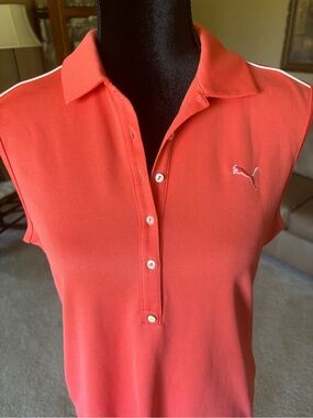 Puma Coral Orange Sleeveless Polo Shirt Large